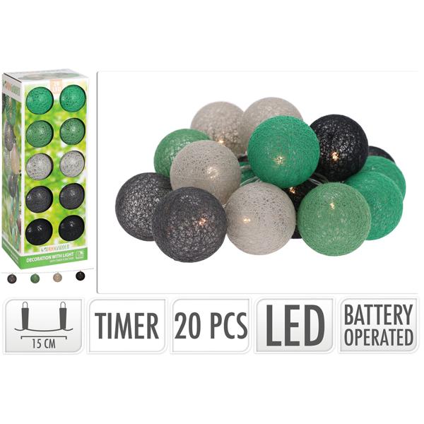 Lichterkette 20 Baumwoll-Lampions grün-grau - Stimmungslicht Girlande für Gartenparty, Hochzeit & Kindergeburtstag - Ø 6cm - IP44 - Batteriebetrieben mit Timer