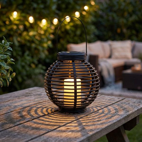 Solarlaterne Kugel - Ø21cm - LED Kerze Antik Look - Sicher für Innen & Aussen - Aufladbare NI-MH Batterie - Ideal für Garten, Camping, Events - Schwarz
