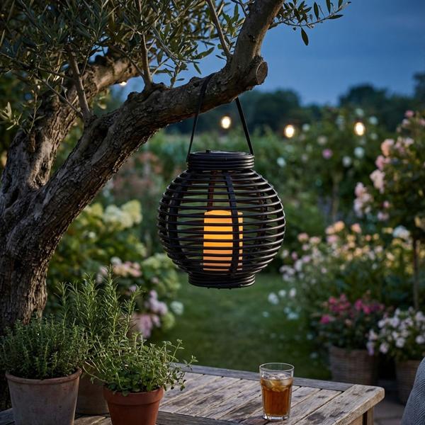 Solarlaterne Kugel - Ø21cm - LED Kerze Antik Look - Sicher für Innen & Aussen - Aufladbare NI-MH Batterie - Ideal für Garten, Camping, Events - Schwarz