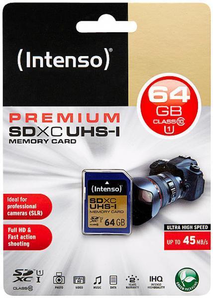 Intenso Premium SDXC-Speicherkarte 64GB - Schnelle Erweiterung für Digitalkameras, Media-Player & Camcorder - Class 10/UHS-I - 45MB/s Lesen