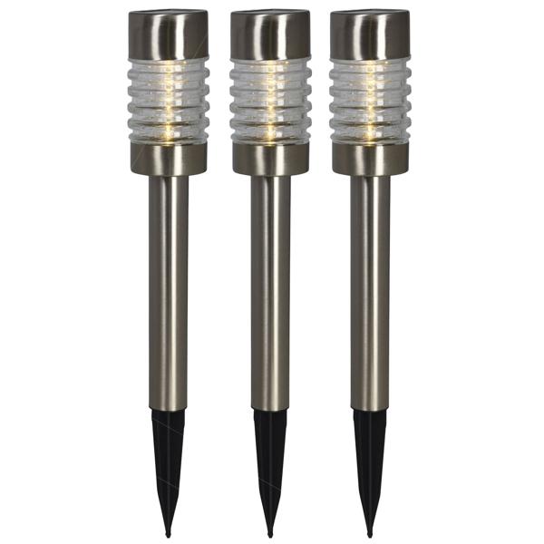 Solarlampen 3er-Set - Warmweisses Licht für Garten, Einfahrt, Terrasse - Edelstahl & Glas, Silber, Ø 7,5 x H 54 cm - Inkl. Akku