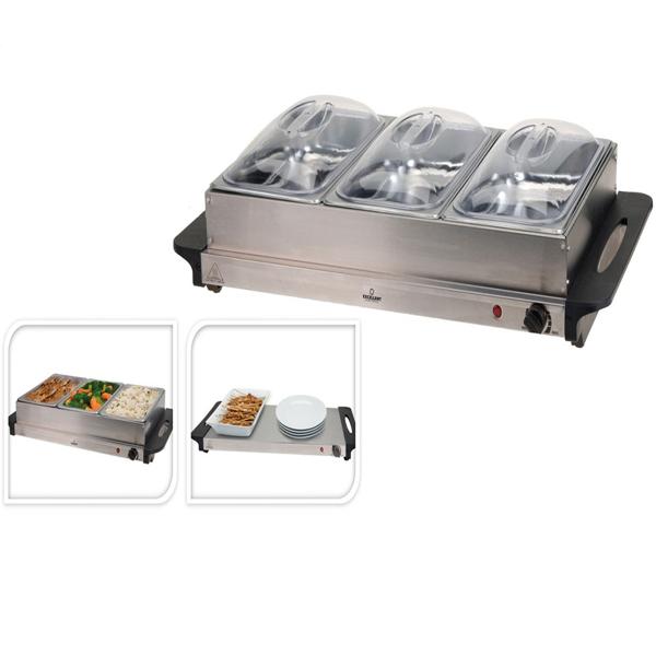 Elektrischer Speisewärmer - Heizplatte & 3x 2L Edelstahl Behälter - 40-60°C Temperatur, 300W, 53x35x10cm - Für Buffets, Catering, Partys