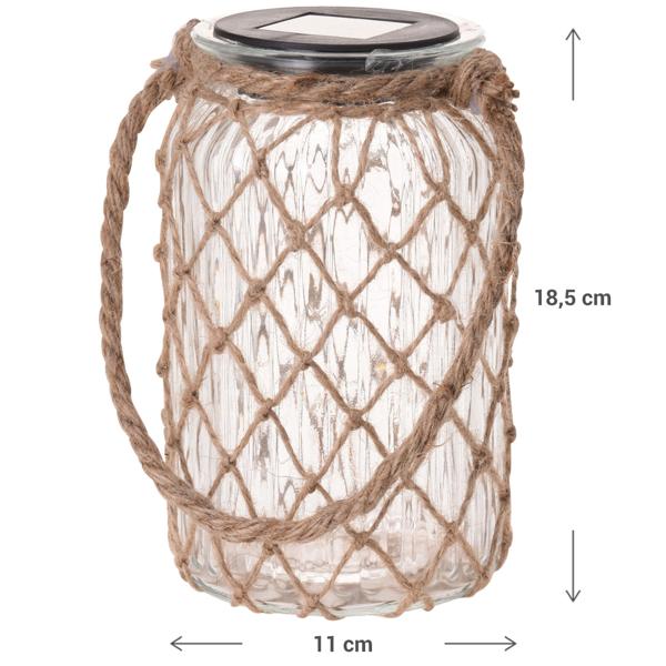 Solarlaterne aus Glas mit Juteschnur - Dekorative Hängeleuchte für Garten & Pergola - Ø 11cm, Höhe 18,5 cm, 6h Leuchtdauer - Witterungsbeständig