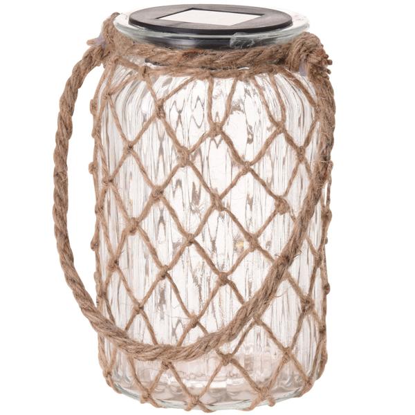 Solarlaterne aus Glas mit Juteschnur - Dekorative Hängeleuchte für Garten & Pergola - Ø 11cm, Höhe 18,5 cm, 6h Leuchtdauer - Witterungsbeständig