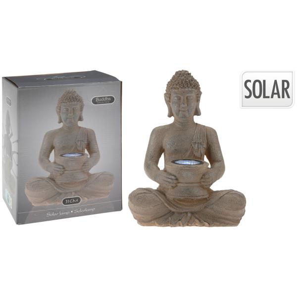 Buddha Solarleuchte mit Akku, Deko-Figur: 22x15x31cm, Solarlicht für Balkon oder Garten, für eine beruhigende Atmosphäre