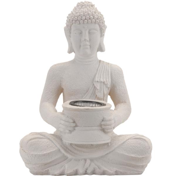 Buddha Solarleuchte mit Akku, Deko-Figur: 22x15x31cm, weiss, Solarlicht für Balkon oder Garten, für eine beruhigende Atmosphäre