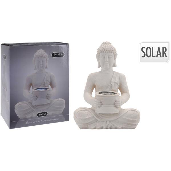 Buddha Solarleuchte mit Akku, Deko-Figur: 22x15x31cm, weiss, Solarlicht für Balkon oder Garten, für eine beruhigende Atmosphäre
