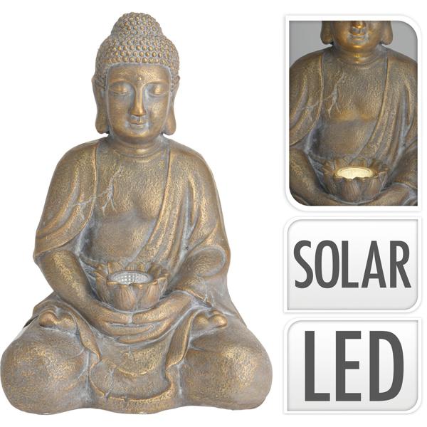 Solarlampe Buddha Gold - Dekofigur für Garten & Balkon - H 44 cm - Nachhaltige Solarlichtquelle mit Akku-Batterie - Wetterfestes Magnesiumoxid