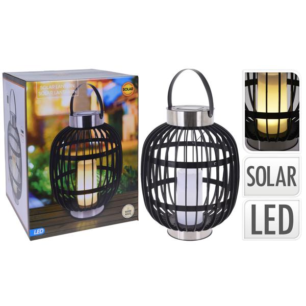 2er Set Stilvolle Solar-Gartenlaterne in Rattan-Optik: Edelstahl-Ringe, LED-Kerze, 35x45cm, Schwarz – Dekorative Aussenbeleuchtung