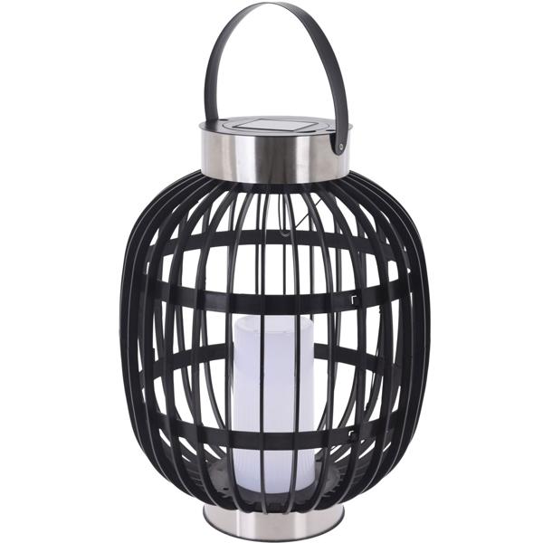 2er Set Stilvolle Solar-Gartenlaterne in Rattan-Optik: Edelstahl-Ringe, LED-Kerze, 35x45cm, Schwarz – Dekorative Aussenbeleuchtung