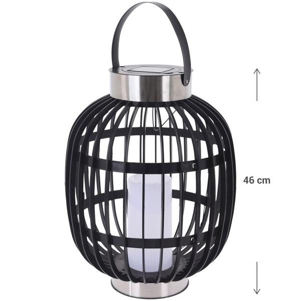 Stilvolle Solar-Gartenlaterne in Rattan-Optik: Edelstahl-Ringe, LED-Kerze, 35x45cm, Schwarz – Dekorative Aussenbeleuchtung