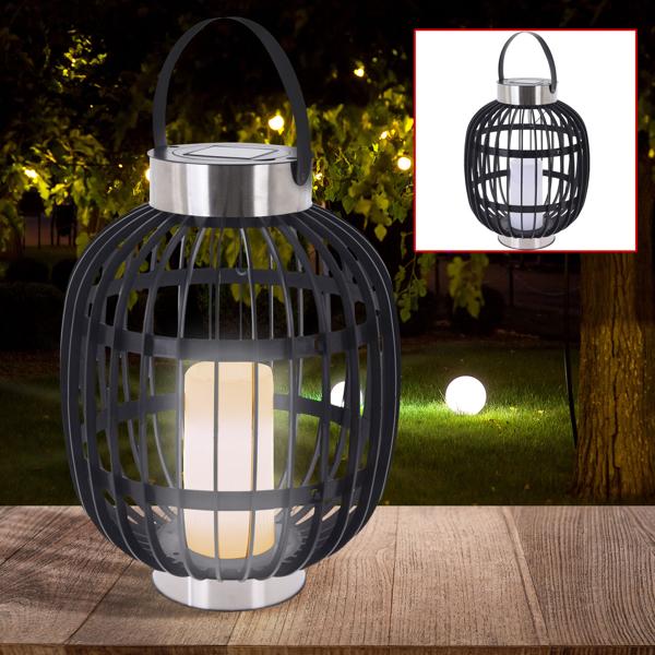 2er Set Stilvolle Solar-Gartenlaterne in Rattan-Optik: Edelstahl-Ringe, LED-Kerze, 35x45cm, Schwarz – Dekorative Aussenbeleuchtung