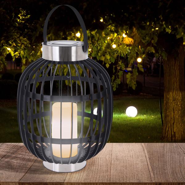 2er Set Stilvolle Solar-Gartenlaterne in Rattan-Optik: Edelstahl-Ringe, LED-Kerze, 35x45cm, Schwarz – Dekorative Aussenbeleuchtung