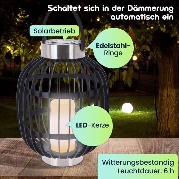2er Set Stilvolle Solar-Gartenlaterne in Rattan-Optik: Edelstahl-Ringe, LED-Kerze, 35x45cm, Schwarz – Dekorative Aussenbeleuchtung