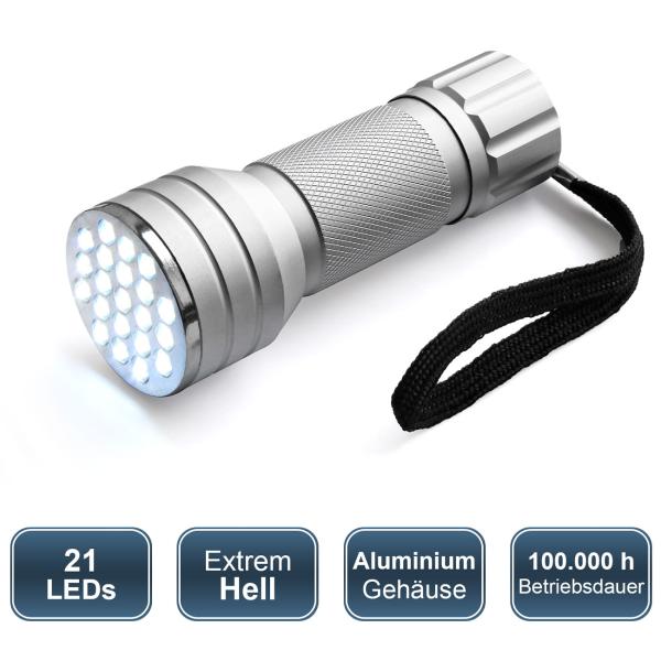 Hochwertige LED-Taschenlampe mit Aluminium-Gehäuse und 21 LEDs, Helle Strahlkraft und lange Lebensdauer, Zuhause, Camping, Outdoor Abenteuer