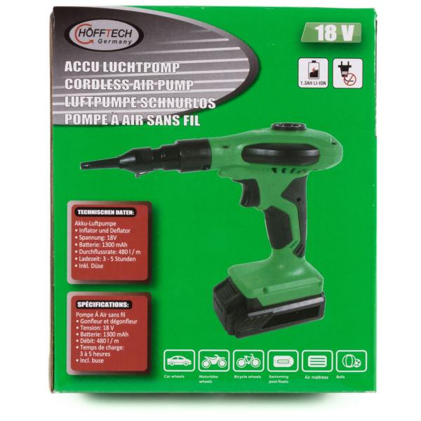 Kabelloser 18V Akku-Handkompressor mit Aufsätzen: Elektrische Luftpumpe, grün/schwarz, für schnelles Aufpumpen von Luftmatratzen, Booten