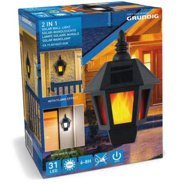 Solar-Wandlaterne mit Flammeneffekt - Romantisches Kerzenlicht für Aussenbereiche - Schwarz, 19,5x10x27,5cm - Spritzwassergeschützt