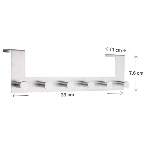 Türgarderobenleiste Edelstahl - 6 Kleiderhaken - Ohne Bohren - 39x11x2,5 cm - Für Türfalz bis 2 cm Stärke - Schützt vor Kratzern - Mobile Garderobe