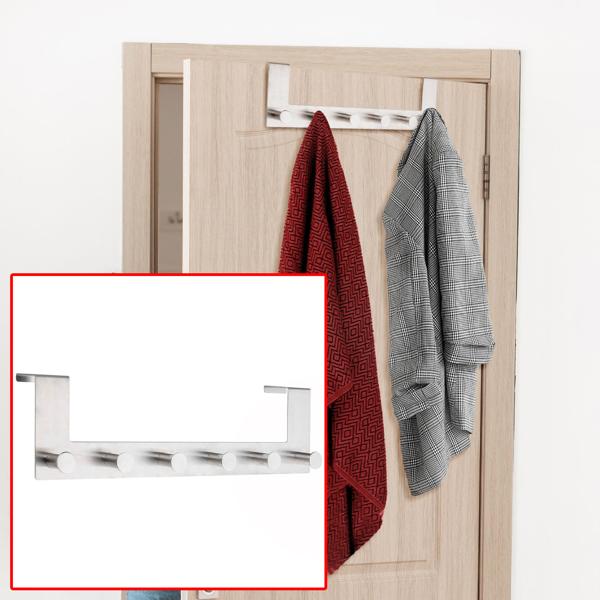 Türgarderobenleiste Edelstahl - 6 Kleiderhaken - Ohne Bohren - 39x11x2,5 cm - Für Türfalz bis 2 cm Stärke - Schützt vor Kratzern - Mobile Garderobe