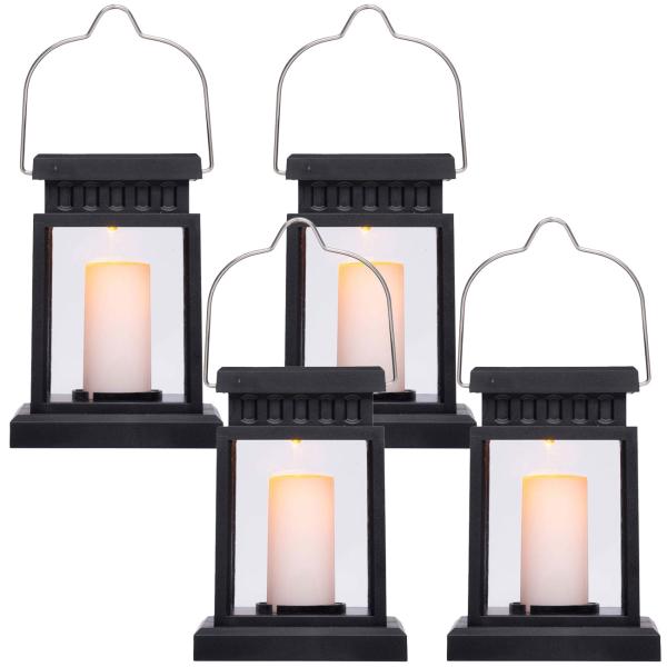 4er-Set Solarlaterne mit Kerzenschein-Effekt - Authentische Gartenleuchte für Terrasse/Balkon - Solarbetrieben, wetterfest, schwarz, 8x13x9cm