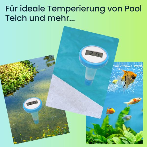 2er-Set Digitales Funk-Poolthermometer mit LCD-Basisstation - Präziser IPX8 Sender für Teich & Pool - Funk-Reichweite 60m - 433 MHz - Bis zu 3 Thermometer