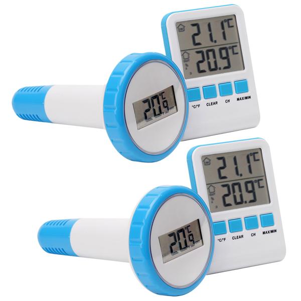 2er-Set Digitales Funk-Poolthermometer mit LCD-Basisstation - Präziser IPX8 Sender für Teich & Pool - Funk-Reichweite 60m - 433 MHz - Bis zu 3 Thermometer
