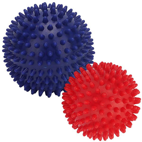 Massagebälle Set mit Noppen - 4 Igelbälle für Reflexzonenmassage, Fussreflexzonenmassage & Faszientraining - Ø 9 & 7,5 cm, rot/blau, PVC-Kunststoff