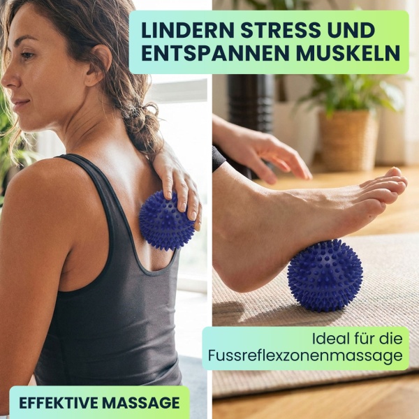 Massagebälle Set mit Noppen - 4 Igelbälle für Reflexzonenmassage, Fussreflexzonenmassage & Faszientraining - Ø 9 & 7,5 cm, rot/blau, PVC-Kunststoff