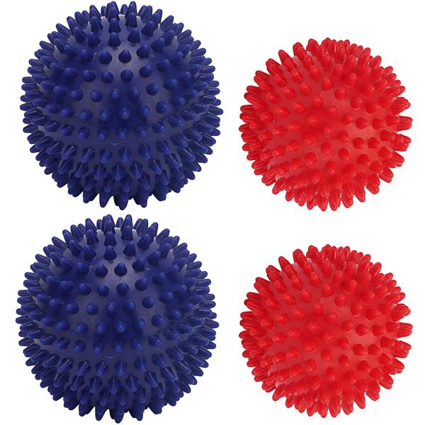 Massagebälle Set mit Noppen - 4 Igelbälle für Reflexzonenmassage, Fussreflexzonenmassage & Faszientraining - Ø 9 & 7,5 cm, rot/blau, PVC-Kunststoff