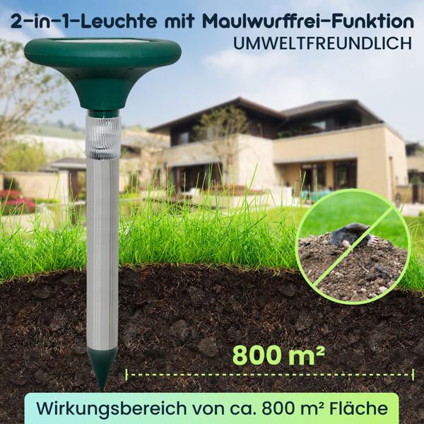 3er-Set Wirksamer Solar Maulwurfvertreiber, 400 Hz - Schutz für 800 m² Fläche PLUS eine stilvolle, automatische Wegleuchte