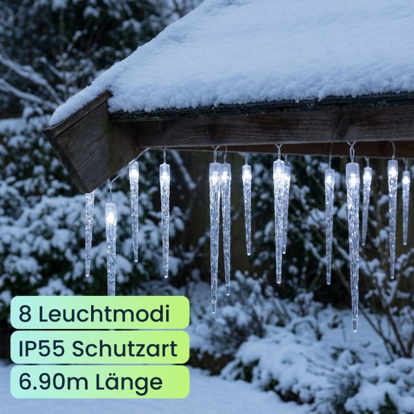 Eiszapfen-LED-Lichterkette - 8 Leuchtmodi & Timer - Kaltweisses Licht - IP44 Schutzart - 72 LEDs - 6.90m Länge - Für Aussenbereich - Weihnachtsdeko