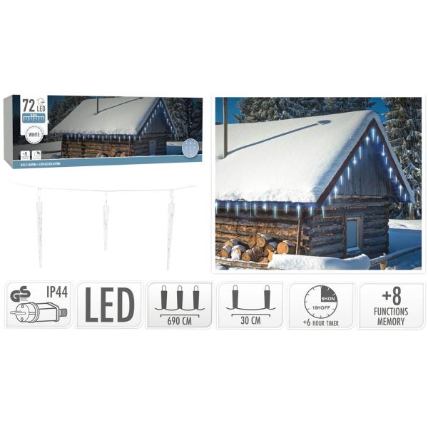 Eiszapfen-LED-Lichterkette - 8 Leuchtmodi & Timer - Kaltweisses Licht - IP44 Schutzart - 72 LEDs - 6.90m Länge - Für Aussenbereich - Weihnachtsdeko