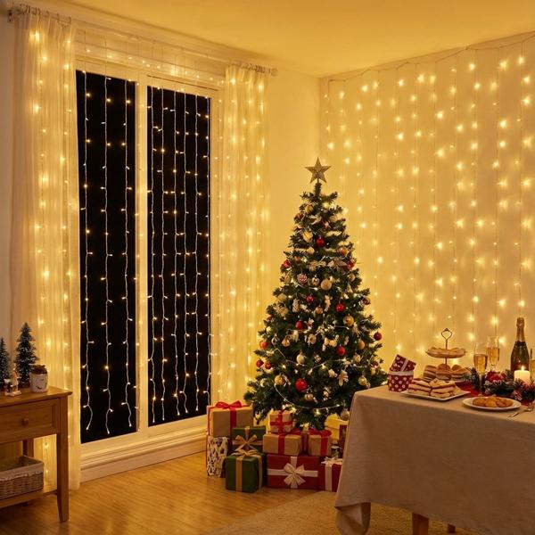 2er-Set LED Lichtervorhang warmweiss - 240 LEDs, 12 Modi, 225x150cm - IP44 Aussen/Innen, USB-Stromversorgung - für Weihnachten & Partys