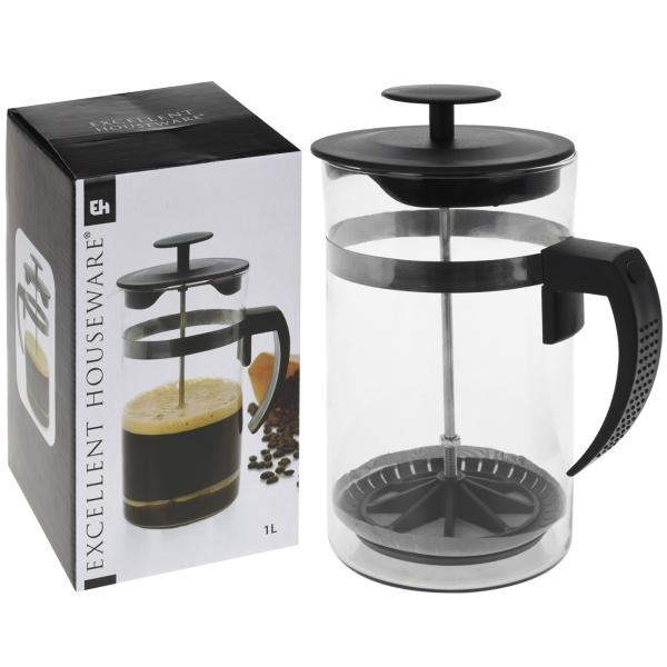 2er-Set French Press Kaffeebereiter 1 Liter - Ideal für Kaffee, Tee & Kräutertee - Siebstempel, spülmaschinenfest - Glas/Kunststoff, Transparent/Schwarz, 8 Tassen