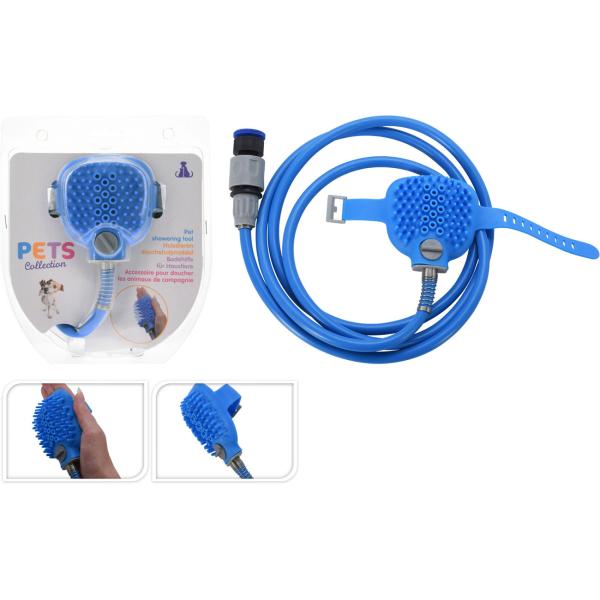 Tierdusche mit Bürstenaufsatz - Innovative Badehilfe für Hunde- & Katzenpflege, Shampooabgabe, Massage - 2.40m Schlauch, Adapter für Dusche/Gartenschlauch