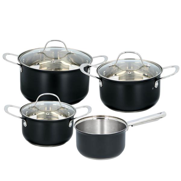 Elegantes 7-teiliges Koch-Topfset, induktionsfähig – Rostfreies Material, schwarz-silber, abgerundete Griffe – Premium Kochgeschirr für beste Ergebnisse