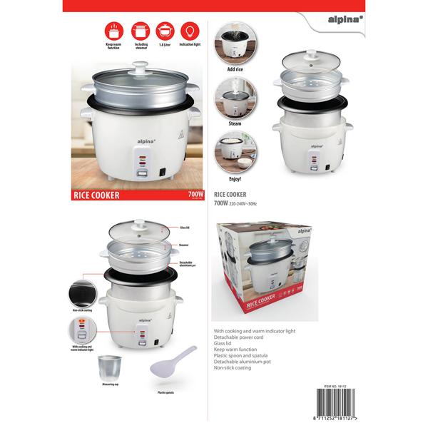 Reiskocher - mit Dampfeinsatz zum Gemüsegaren - Antihaftbeschichtung - 1.8L Volumen, 700W Leistung, Warmhaltefunktion & Messbecher - Küchenzubehör