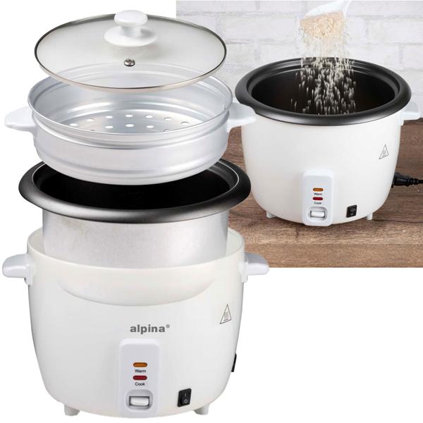 Reiskocher - mit Dampfeinsatz zum Gemüsegaren - Antihaftbeschichtung - 1.8L Volumen, 700W Leistung, Warmhaltefunktion & Messbecher - Küchenzubehör