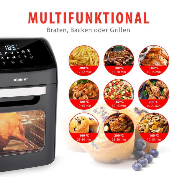 3 in 1 Air Fryer XXL, Ofen, Grill, Fritteuse, 12 Liter, 1800 Watt, mit Drehspiessen, 2 Backroste, Touch Display
