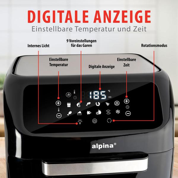 3 in 1 Air Fryer XXL, Ofen, Grill, Fritteuse, 12 Liter, 1800 Watt, mit Drehspiessen, 2 Backroste, Touch Display