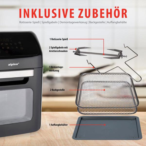 3 in 1 Air Fryer XXL, Ofen, Grill, Fritteuse, 12 Liter, 1800 Watt, mit Drehspiessen, 2 Backroste, Touch Display