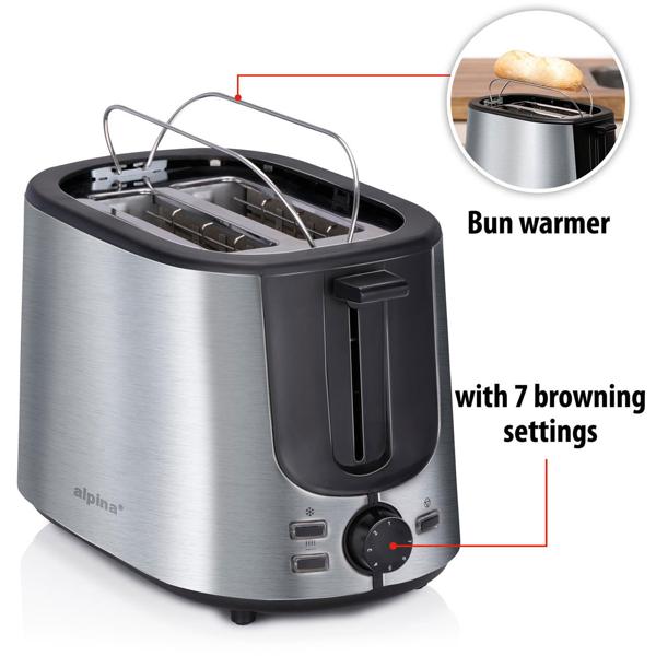 Edler Edelstahl-Toaster für 2 Scheiben und Brötchenaufsatz, 7 Bräunungs-Stufen, Defroster, Krümmelschublade, Lift-Funktion, BPA-frei, 1000 W