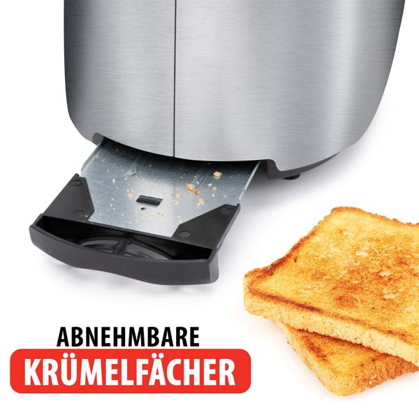 Edler Edelstahl-Toaster für 2 Scheiben und Brötchenaufsatz, 7 Bräunungs-Stufen, Defroster, Krümmelschublade, Lift-Funktion, BPA-frei, 1000 W