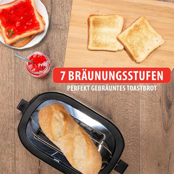 Edler Edelstahl-Toaster für 2 Scheiben und Brötchenaufsatz, 7 Bräunungs-Stufen, Defroster, Krümmelschublade, Lift-Funktion, BPA-frei, 1000 W