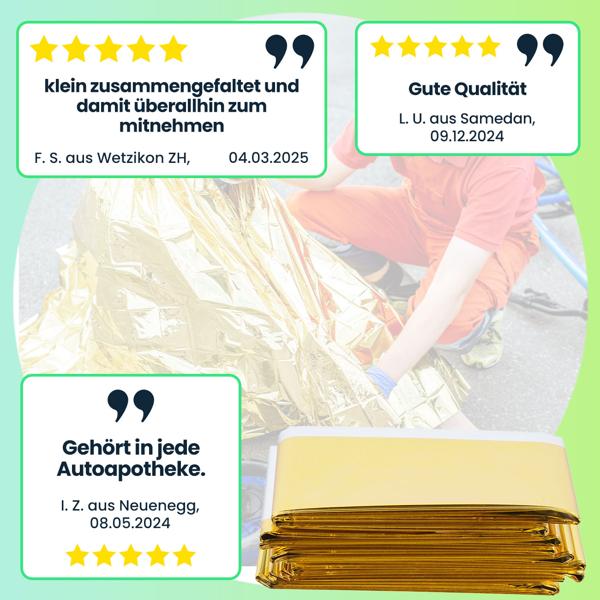 Zuverlässige Rettungsdecke, 210 x 160 cm, gold - silber, Notfalldecke - Erste Hilfe Wärmefolie, ein Produkt der NASA