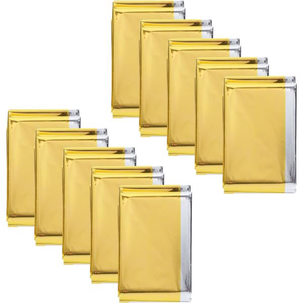 10er Set Zuverlässige Rettungsdecke, 210 x 160 cm, gold - silber, Notfalldecke - Wärmefolie auch für Survival Abenteuer und Wandern, ein Produkt der NASA