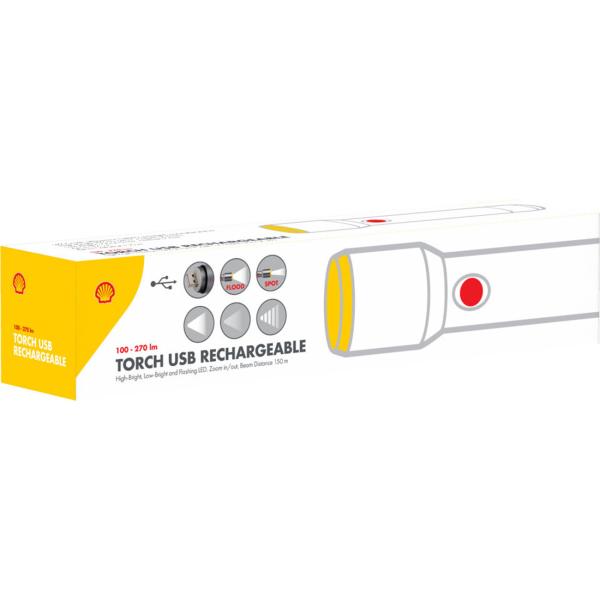 SHELL LED-Taschenlampe - USB-aufladbar, 270 Lumen, 150m Leuchtweite, 7h Akku, fokussierbarer Strahl - 3 Leuchtmodi, stossfestes Aluminium, kompakt