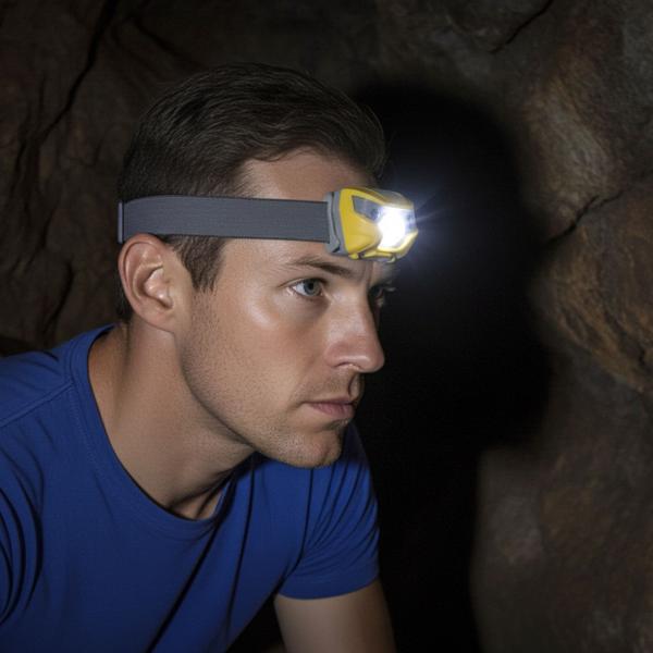 2er-Set Aufladbare LED-Kopflampe (USB): Helle Stirnlampe (grau/gelb) für komfortable Ausleuchtung. Freihändige Beleuchtung für Outdoor & Arbeit