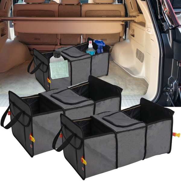 2er-Set Auto Kofferraumtasche mit isoliertem Kühlfach, 3 Fächer (grau-schwarz) - Faltbar, robust - ideal für Einkauf, Picknick, Transport
