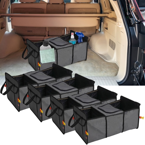 4er-Set Auto Kofferraumtasche mit isoliertem Kühlfach, 3 Fächer (grau-schwarz) - Faltbar, robust - ideal für Einkauf, Picknick, Transport